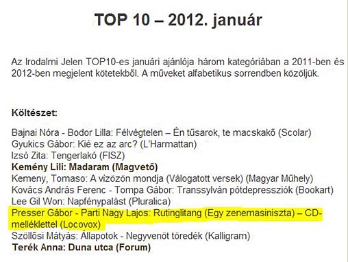 Irodalmi Jelen Online  TOP 10&nbsp;  2012.&nbsp;janu�r